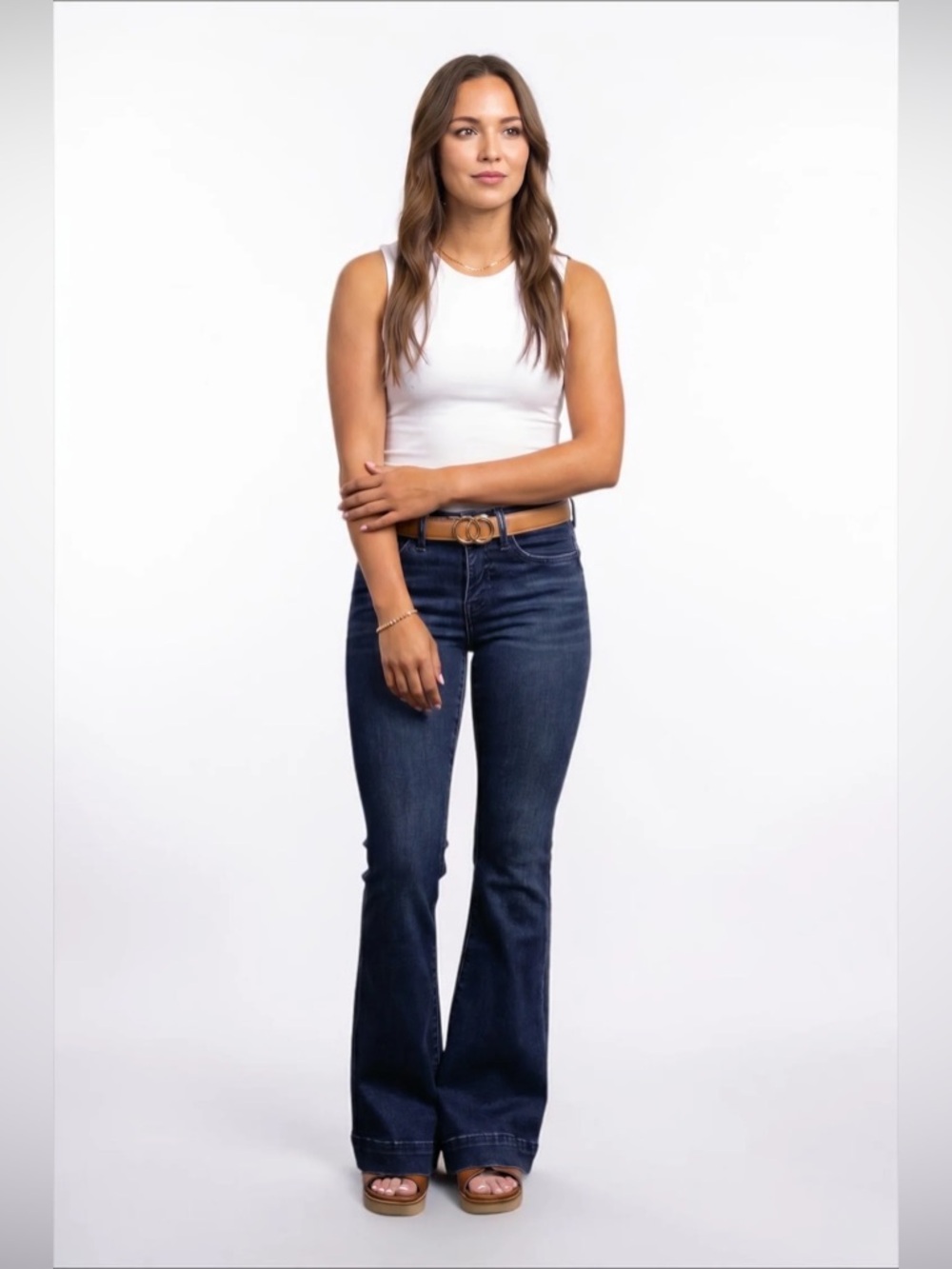 The Gwen by Lovervet Mid-Rise Tummy Control Flare Denim Three Length